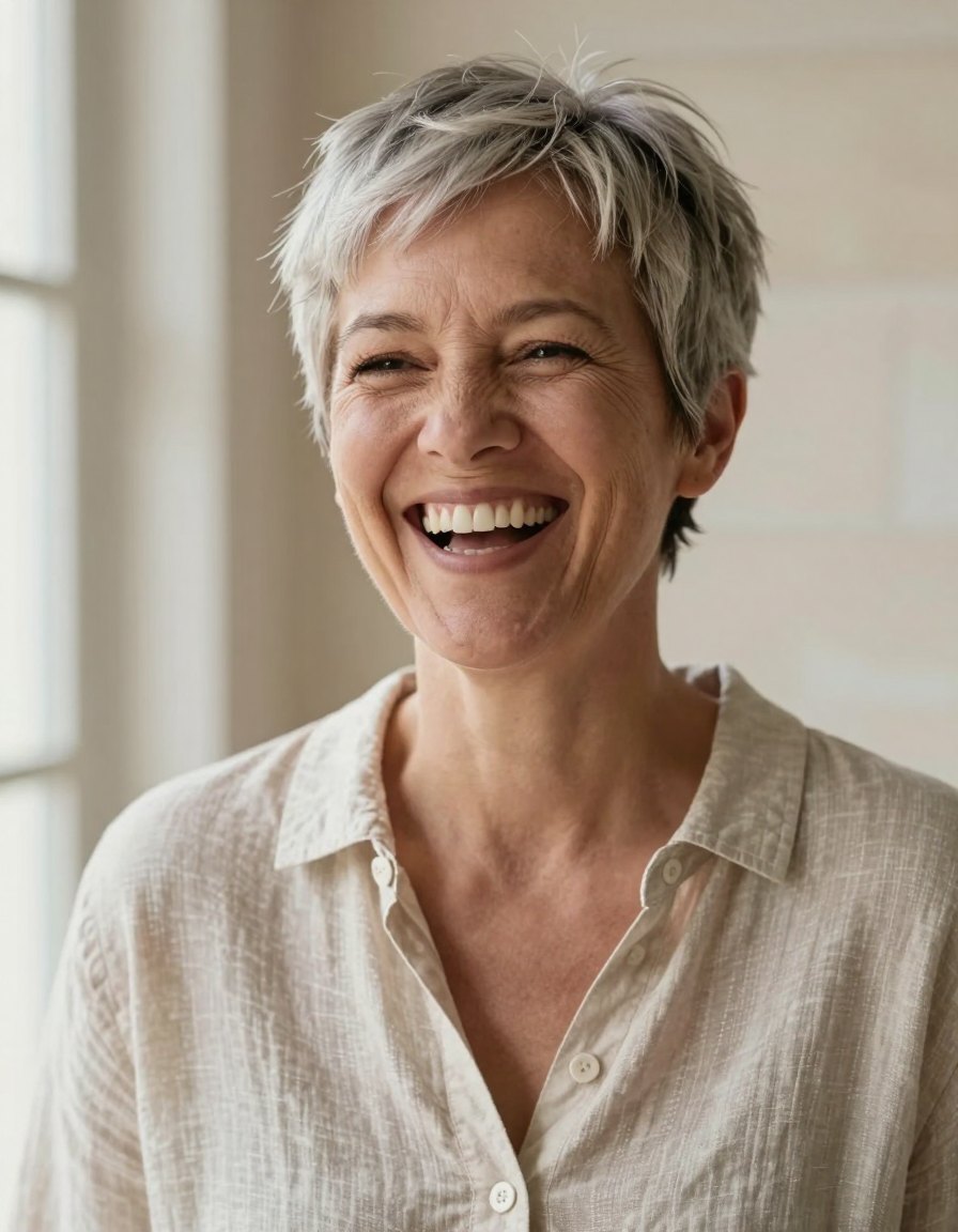 A woman in her fifties laughing with a wide, natural smile